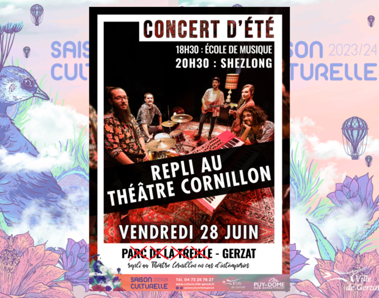 FÊTE DE LA MUSIQUE – SHEZLÖNG + École Municipale de Musique – Vendredi 28 juin 18h30 – P̸a̸r̸c̸ ̸d̸e̸ ̸l̸a̸ ̸T̸r̸e̸i̸l̸l̸e̸ – REPLI THÉÂTRE CORNILLON – GRATUIT