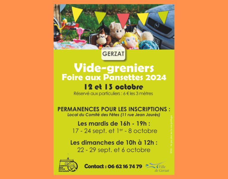 Vide-greniers de la Pansette 2024 les 12 et 13/10 – Permanences les 17, 22, 24 et 27/09 + 1er, 6 et 8/10